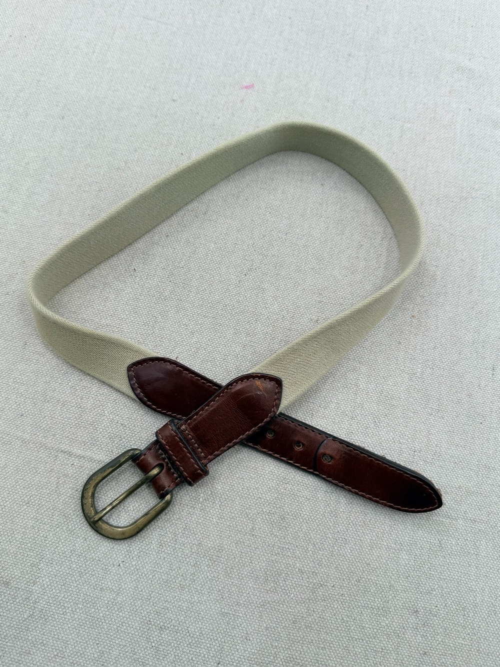 Men's Stretch Belt with Brown Leather Trim - Light Beige